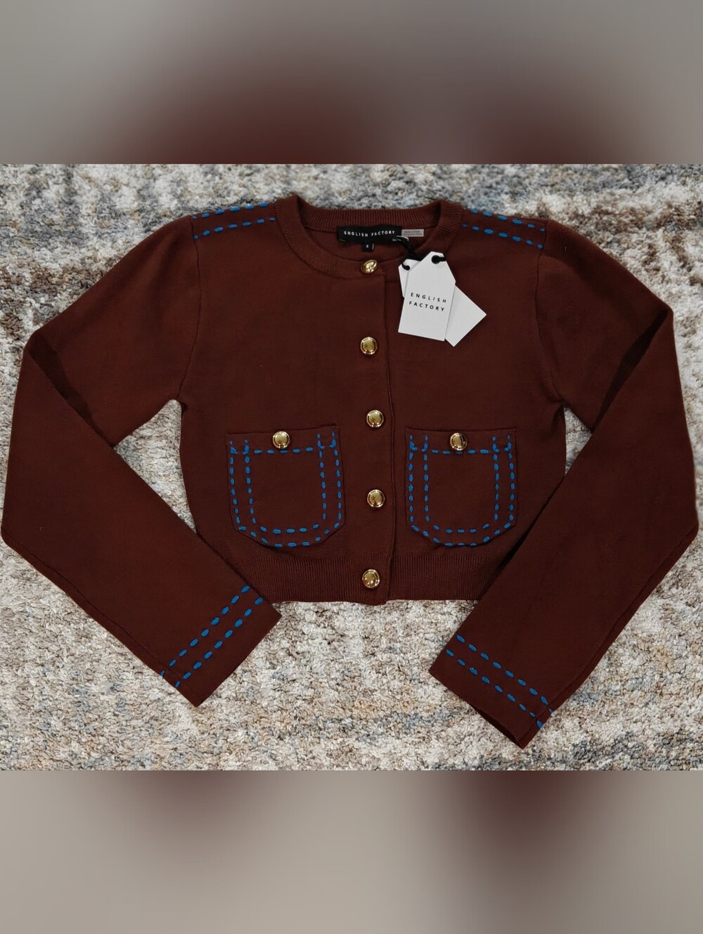 NWT | English Factory Brown Cardigan With Blue Stitching | Small